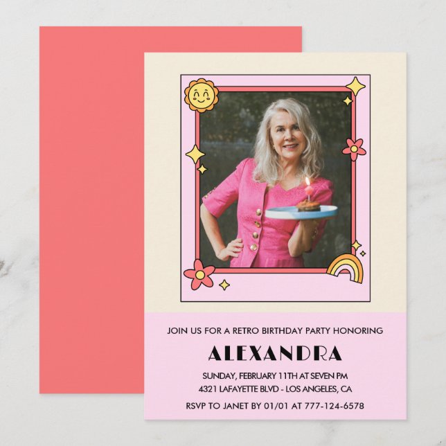 Invitation pour 70e anniversaire Rétro Groovy Fleu (Devant / Derrière)