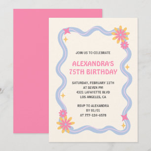 Invitation pour 75 ans Fleurs roses rétro funky