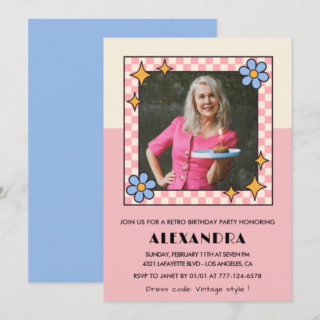 Invitation pour 75 ans Fleurs roses rétro groovy (Devant / Derrière)