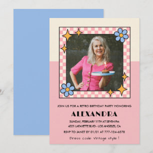 Invitation pour 75 ans Fleurs roses rétro groovy