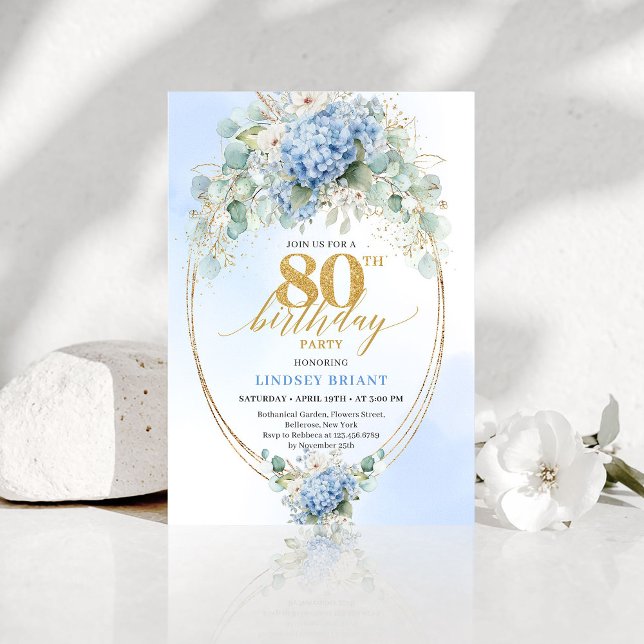 Invitation pour 80e anniversaire Garden Blue Flora (Garden Blue Floral Gold 80th Birthday Invitation)