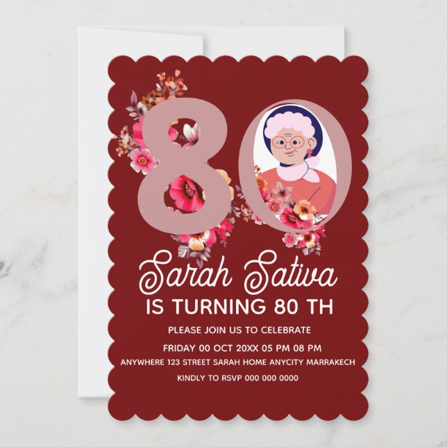 Invitation pour 80e anniversaire modèle floral or (Devant)