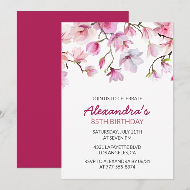 Invitation pour 85e anniversaire Fleurs aquarelle  (Devant / Derrière)