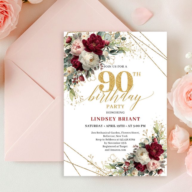 Invitation pour 90e anniversaire Fleurs dorées Blu (Pretty Blush Gold Floral 90th Birthday Invitation Card

)