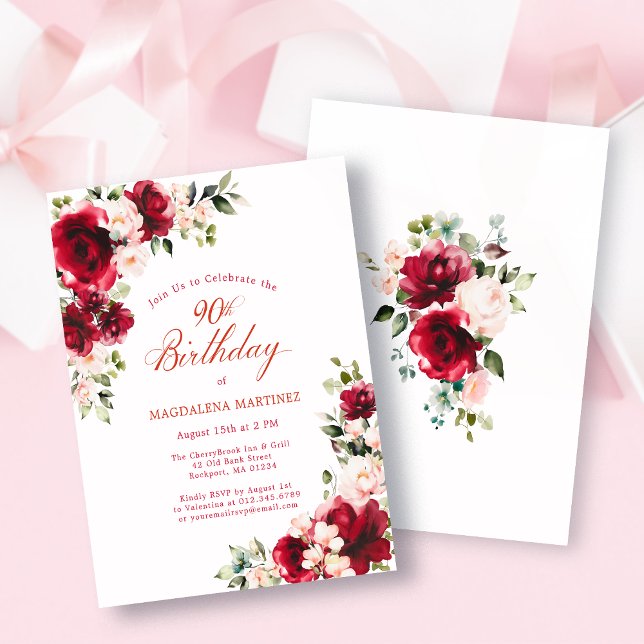 Invitation pour 90e anniversaire Rose rouge rose R (Créateur téléchargé)