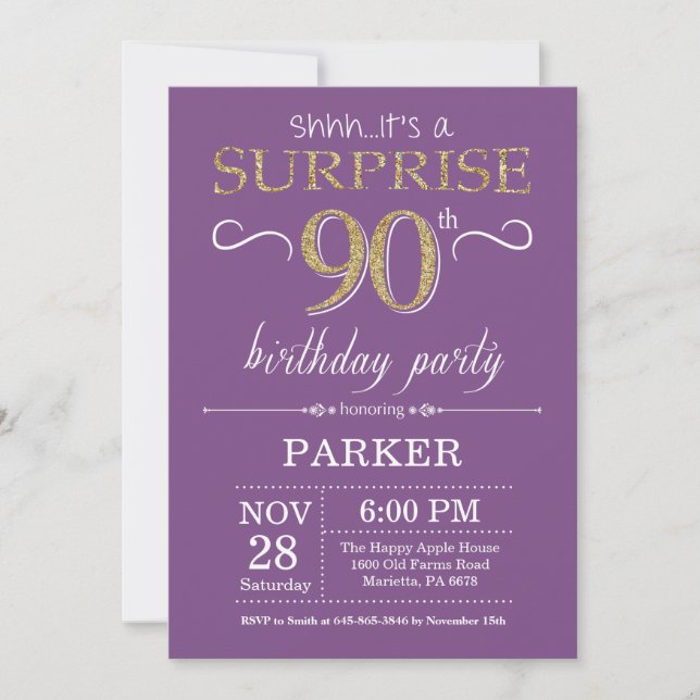 Invitation pour 90e anniversaire surprise violet e (Devant)