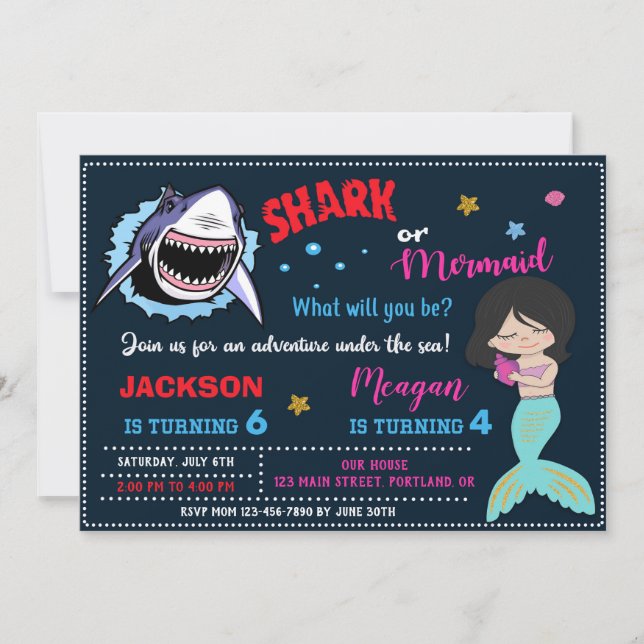 Invitation pour anniversaire de requin et sirène (Devant)