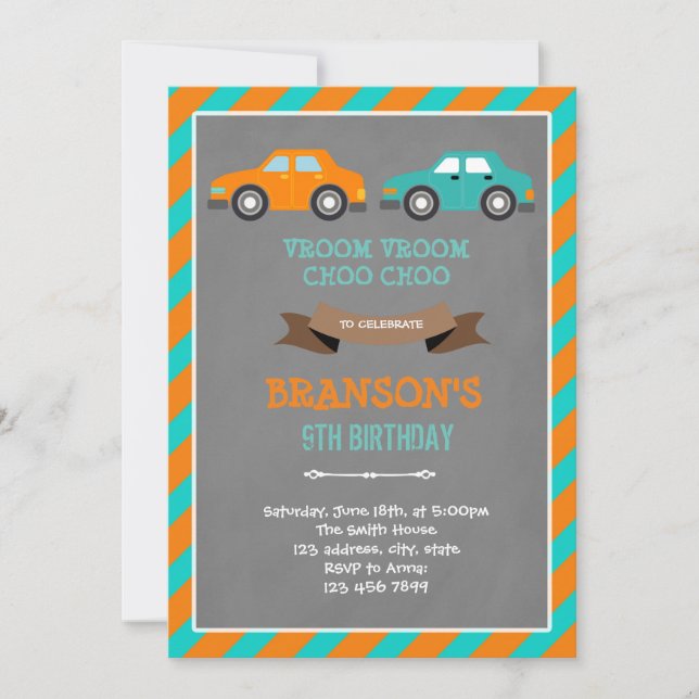 Invitation pour anniversaire de voiture orange et  (Devant)