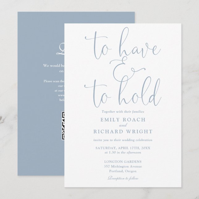 Invitation Pour Avoir Et Tenir Le Code QR Dusty Mariage bleu (Devant / Derrière)