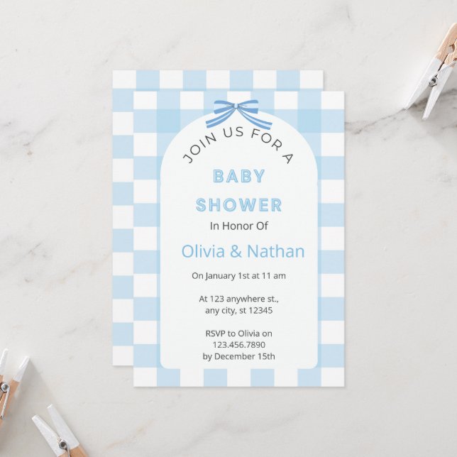 Invitation pour Baby Shower à carreaux bleus, Bébé (Devant/Arrière en situation)
