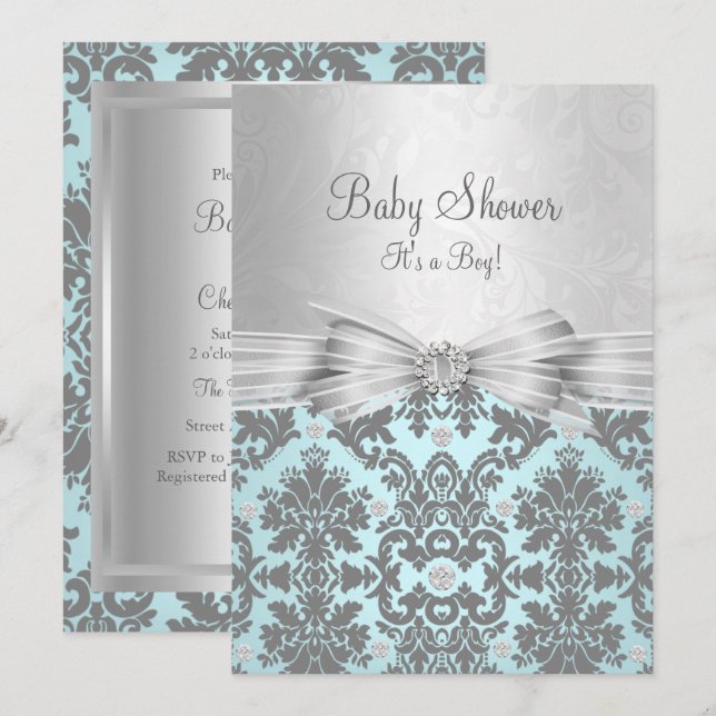 Invitation pour Baby Shower à damas bleu et argent (Devant / Derrière)