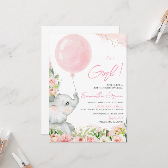 Invitation pour Baby Shower à l'éléphant floral (Devant/Arrière en situation)