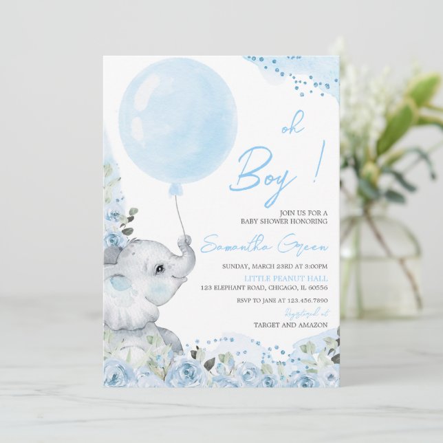 Invitation pour Baby Shower à l'éléphant floral (Debout devant)