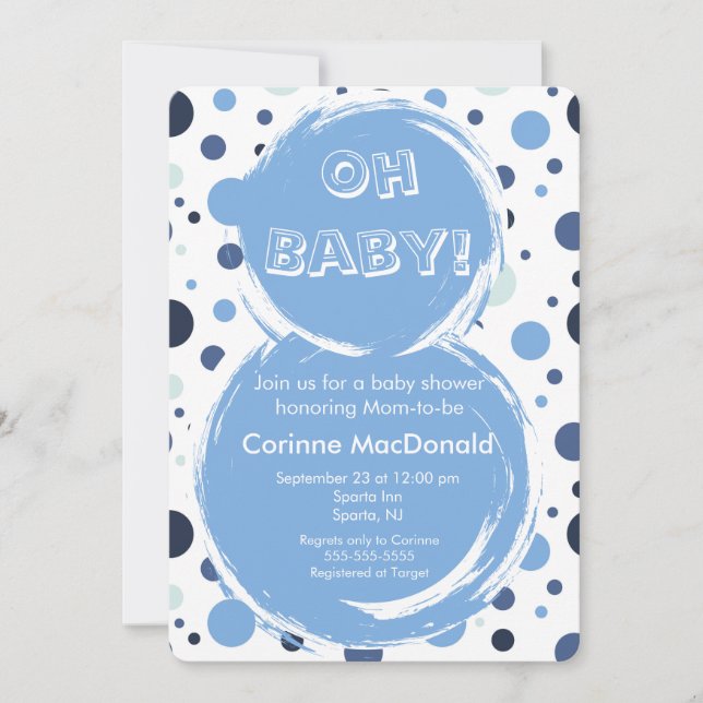 Invitation pour Baby Shower à pois bleus (Devant)