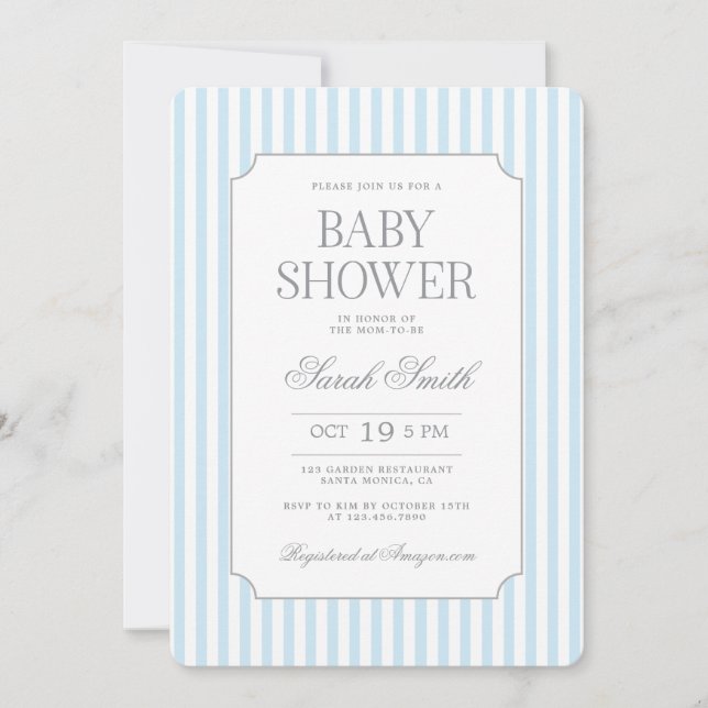 Invitation pour Baby Shower à rayures bleues (Devant)