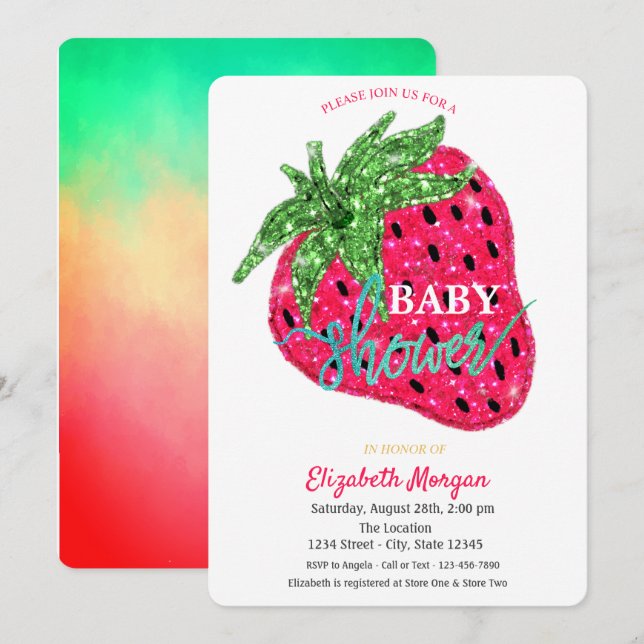 Invitation pour Baby Shower à thème fraise paillet (Devant / Derrière)