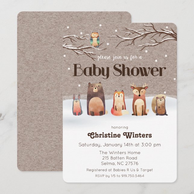 Invitation pour Baby Shower Animaux de la Forêt (Devant / Derrière)