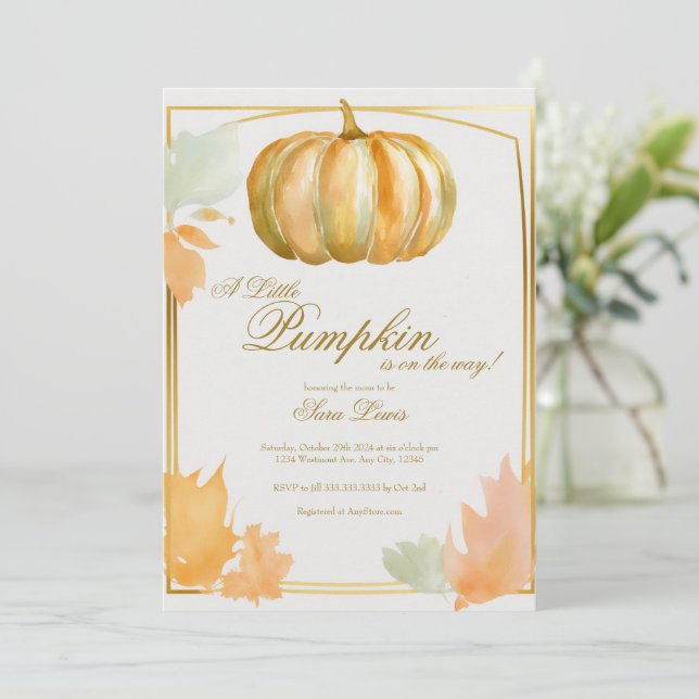 Invitation pour Baby shower automne citrouille dor (Debout devant)