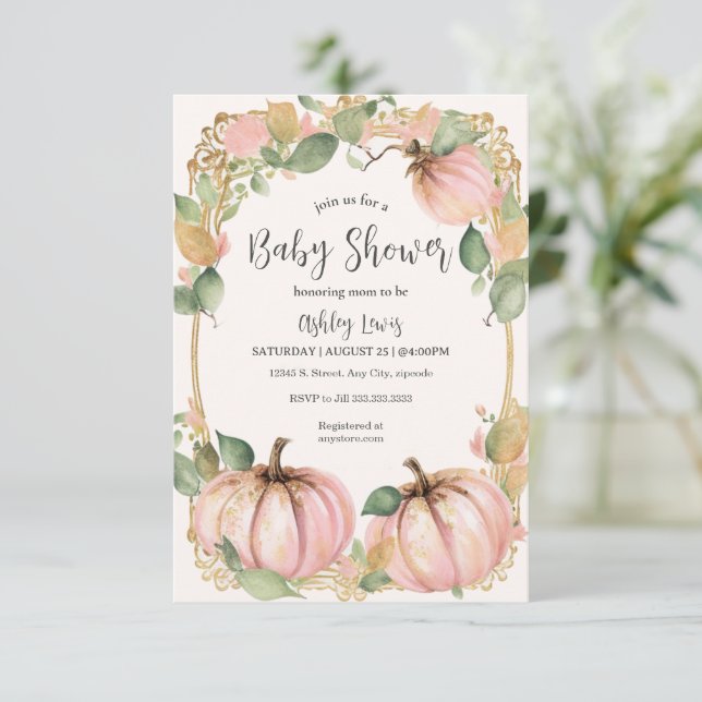 Invitation pour Baby shower automne citrouille ros (Debout devant)