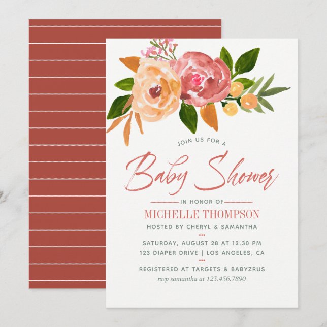 Invitation pour Baby Shower aux fleurs aquarelles (Devant / Derrière)