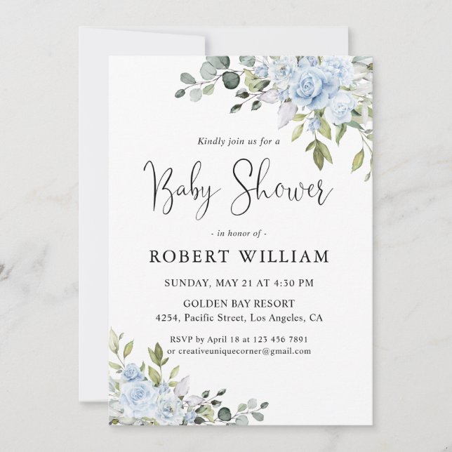 Invitation pour Baby Shower aux fleurs de eucalypt (Devant)