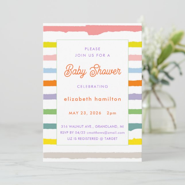 Invitation pour Baby Shower aux rayures colorées (Debout devant)