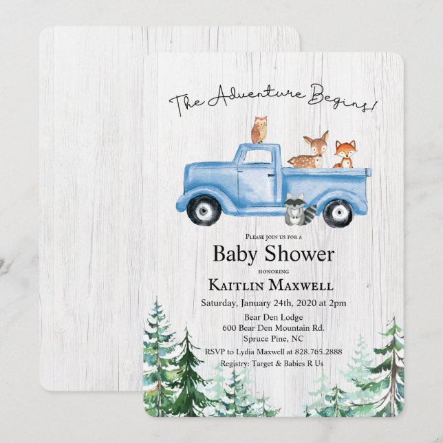 Invitation pour Baby Shower avec Camion et Animaux (Devant / Derrière)