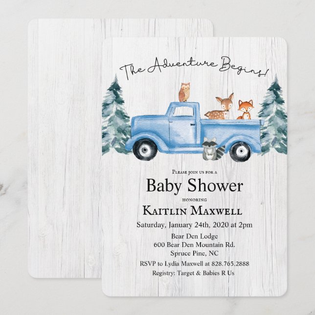 Invitation pour Baby Shower avec Camion et Animaux (Devant / Derrière)