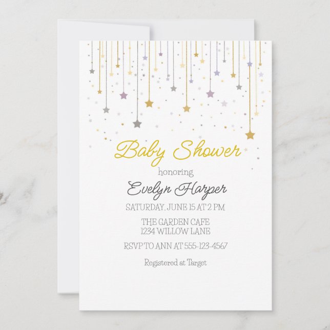 Invitation pour Baby Shower avec étoiles scintilla (Devant)