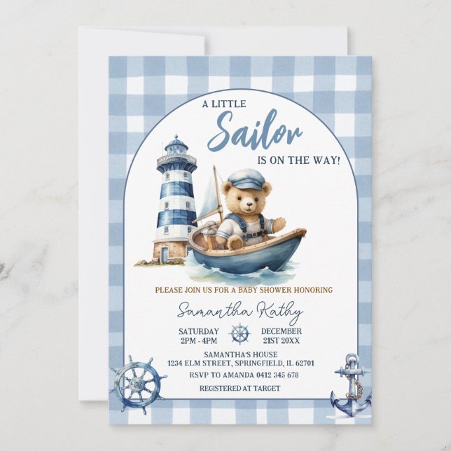 Invitation pour Baby Shower avec Ours Marin Gingha (Devant)