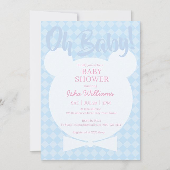 Invitation pour Baby Shower avec un ours bleu clai (Devant)