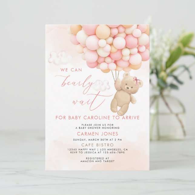 Invitation pour Baby Shower avec un ours en peluch (Debout devant)
