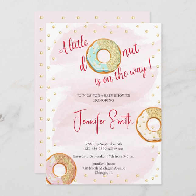 Invitation pour Baby Shower avec un petit donut ro (Devant / Derrière)