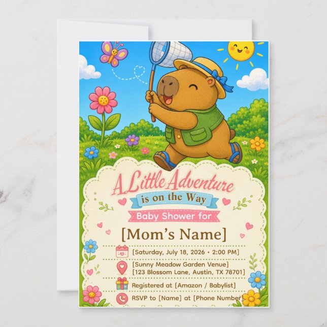Invitation pour Baby Shower Aventure avec un Capyb (Devant)