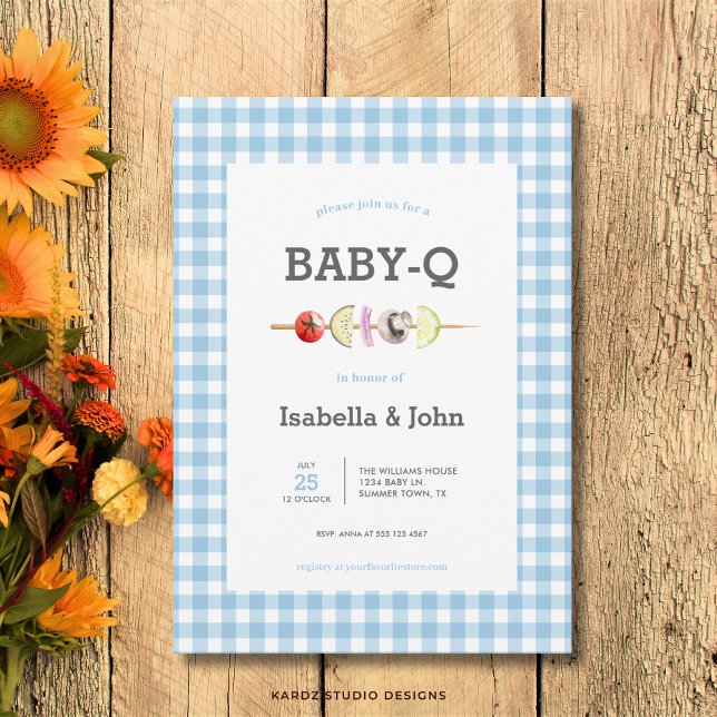 Invitation pour Baby Shower Barbecue au Gingham Bl (Front of the invitation is shown in 5x7-inch. Choose size, paper, and corner style.)
