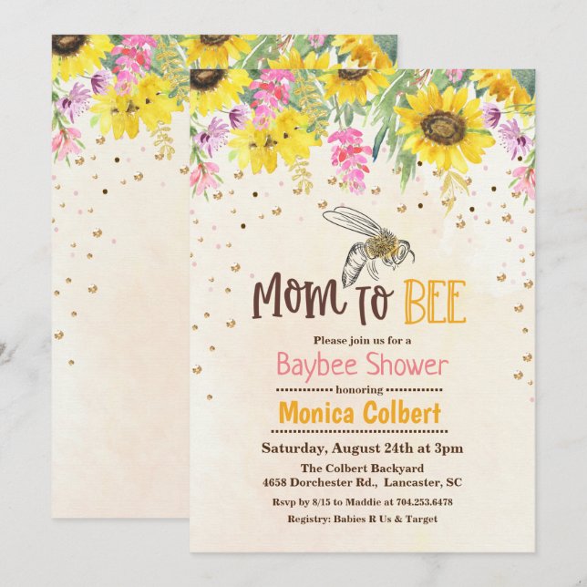 Invitation pour Baby Shower Bébé Abeille Tournesol (Devant / Derrière)