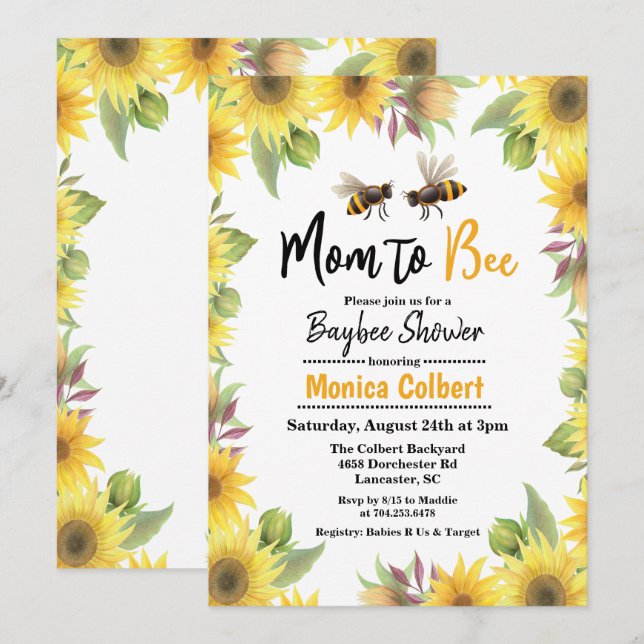 Invitation pour Baby Shower Bébé Abeille Tournesol (Devant / Derrière)