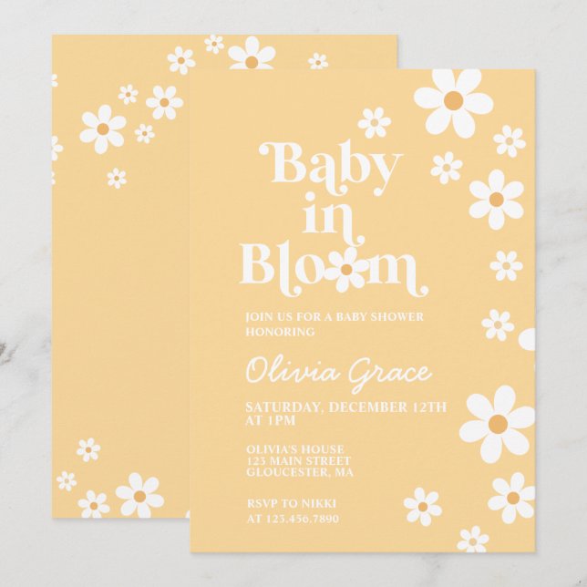 Invitation pour Baby Shower Bébé en Fleur jaune Da (Devant / Derrière)