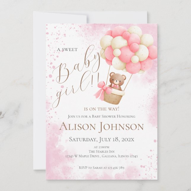 Invitation pour Baby Shower Bébé Fille avec un Ted (Devant)