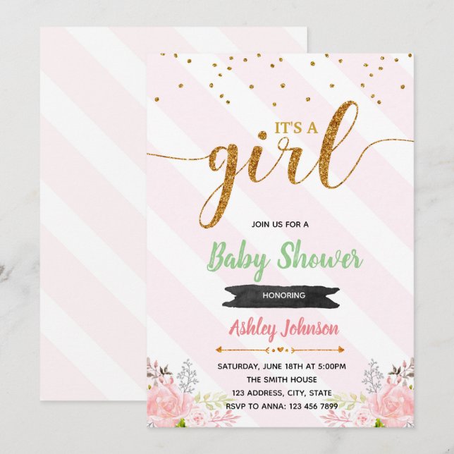 Invitation pour baby shower bébé fille or rose (Devant / Derrière)