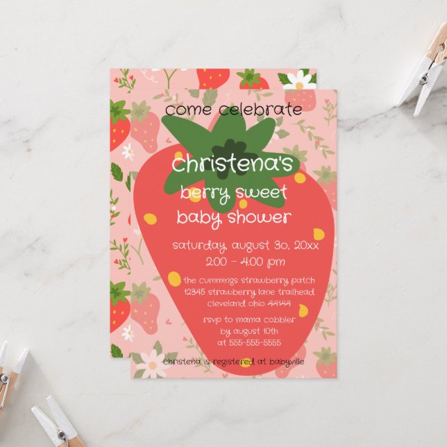 Invitation pour Baby Shower Berry Sweet  (Devant/Arrière en situation)