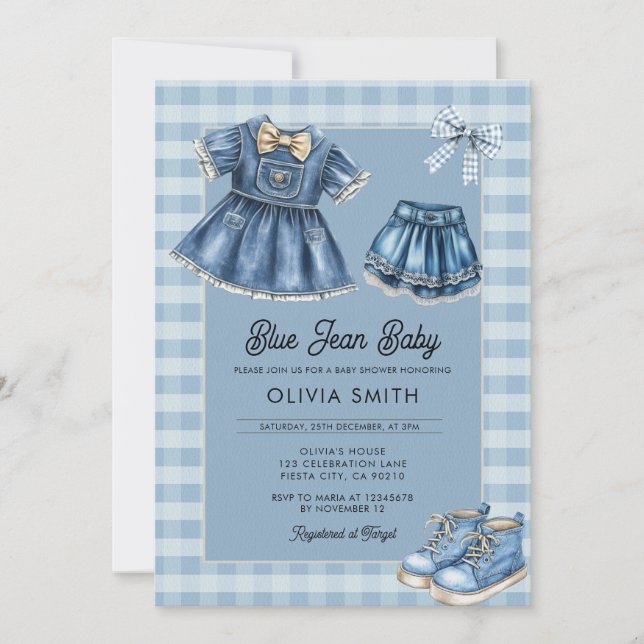 Invitation pour Baby Shower Bleu Jean Bébé Denim (Devant)