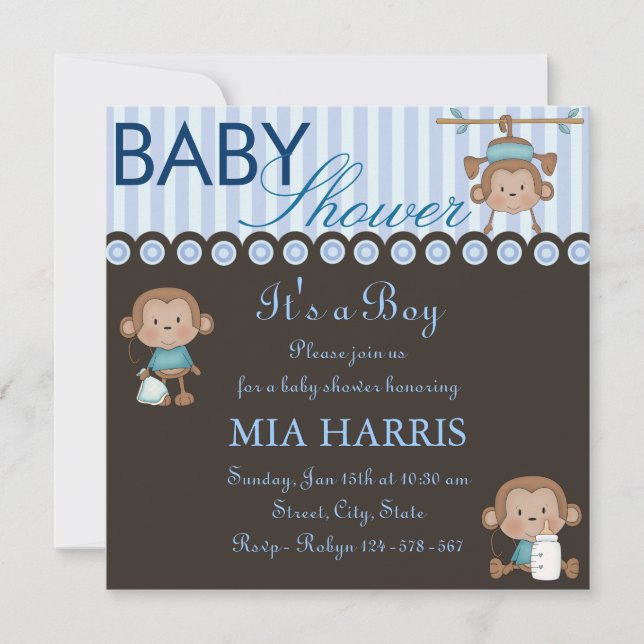 Invitation pour Baby Shower Blue Monkey Design (Devant)