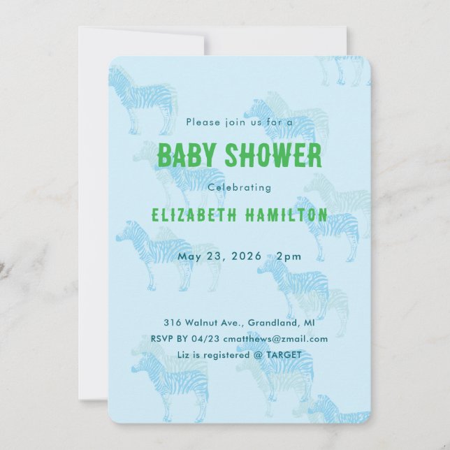 Invitation pour Baby Shower Blue Zebras (Devant)