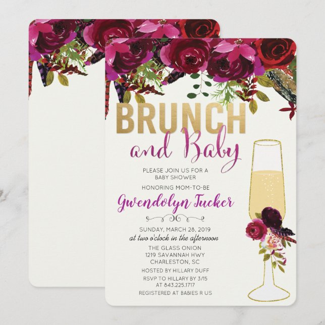 Invitation pour Baby Shower Brunch et Bubbly (Devant / Derrière)