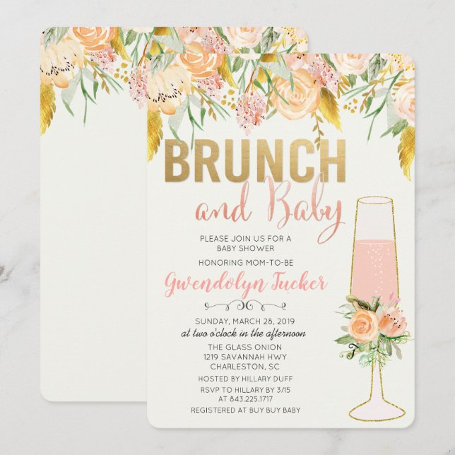 Invitation pour Baby Shower Brunch et Bubbly (Devant / Derrière)