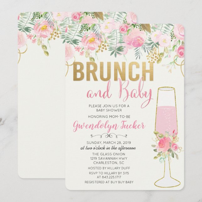 Invitation pour Baby Shower Brunch et Bubbly (Devant / Derrière)