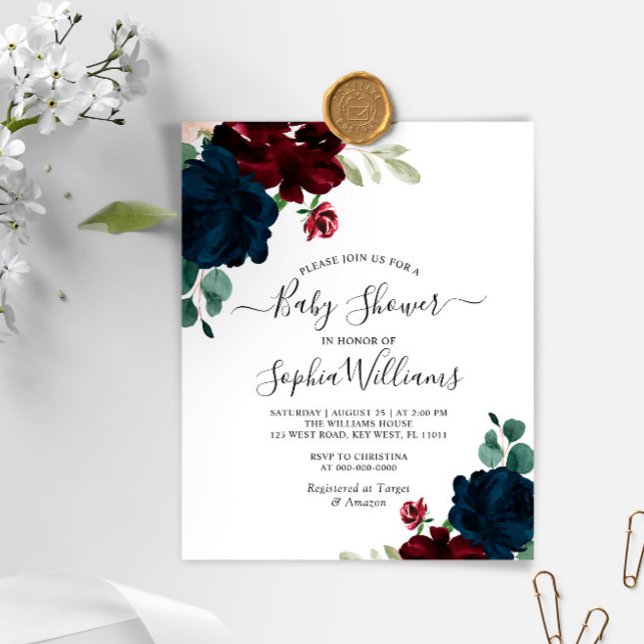 Invitation pour Baby Shower Budget Navy & Bourgogn (Créateur téléchargé)