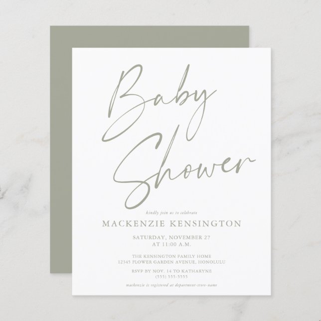 Invitation pour Baby Shower Budget Sage Olive Gree (Devant / Derrière)