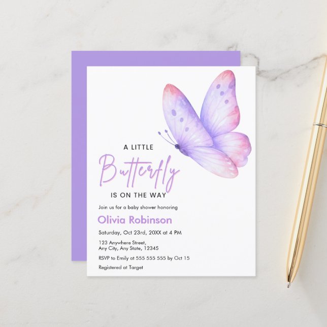 Invitation pour Baby Shower Budget Un Petit Papill (Devant/Arrière en situation)